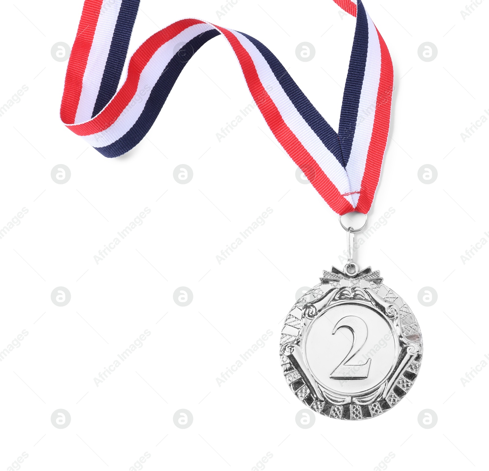 Photo of Silver medal with striped ribbon isolated on white, top view