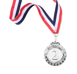 Photo of Silver medal with striped ribbon isolated on white, top view