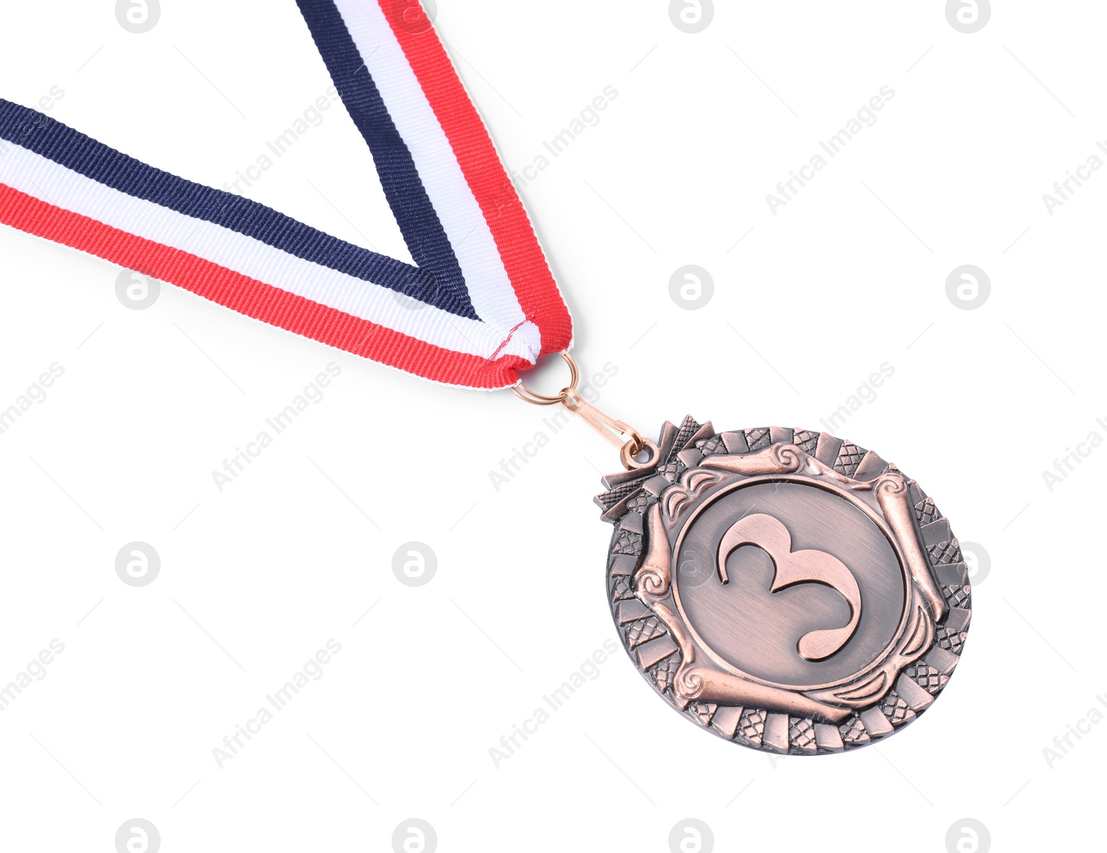 Photo of Bronze medal with striped ribbon isolated on white