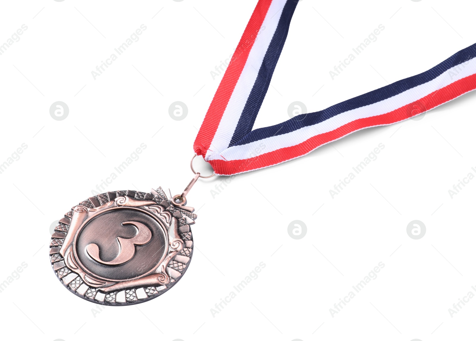 Photo of Bronze medal with striped ribbon isolated on white