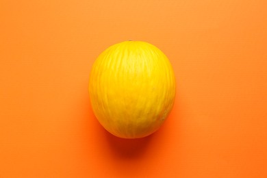 Photo of One fresh melon on orange background, top view