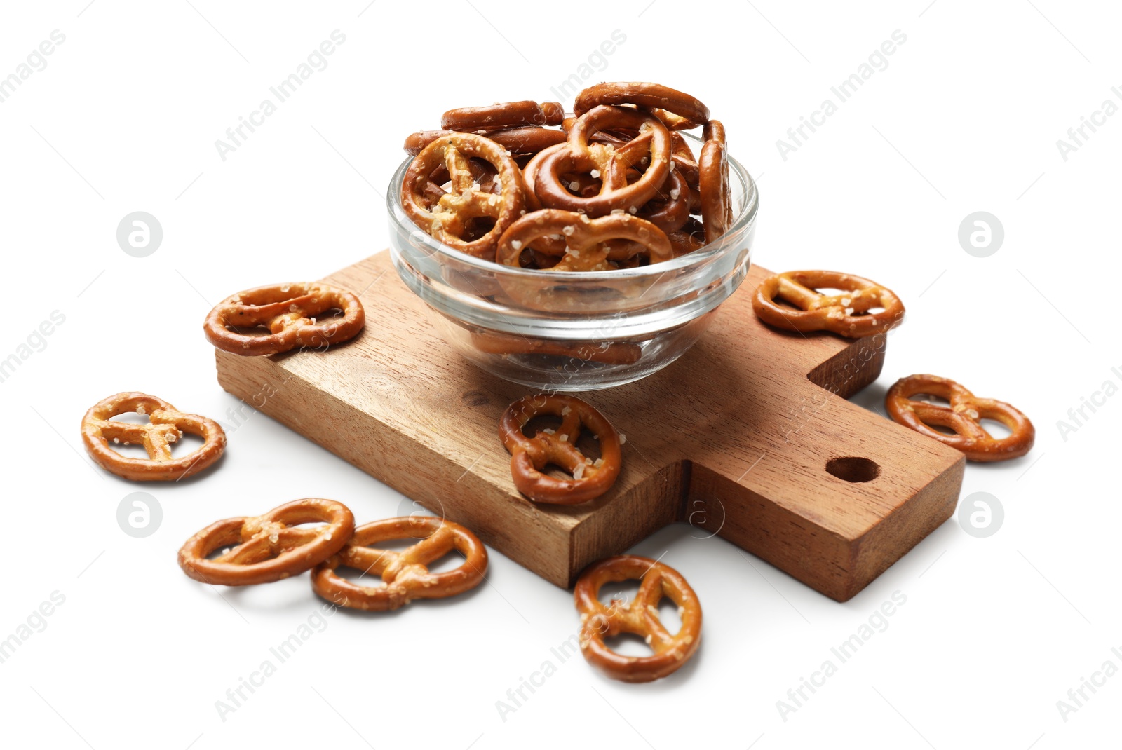 Photo of Delicious salty pretzel crackers on white table