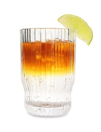 Photo of Refreshing espresso tonic drink with slice of lime isolated on white