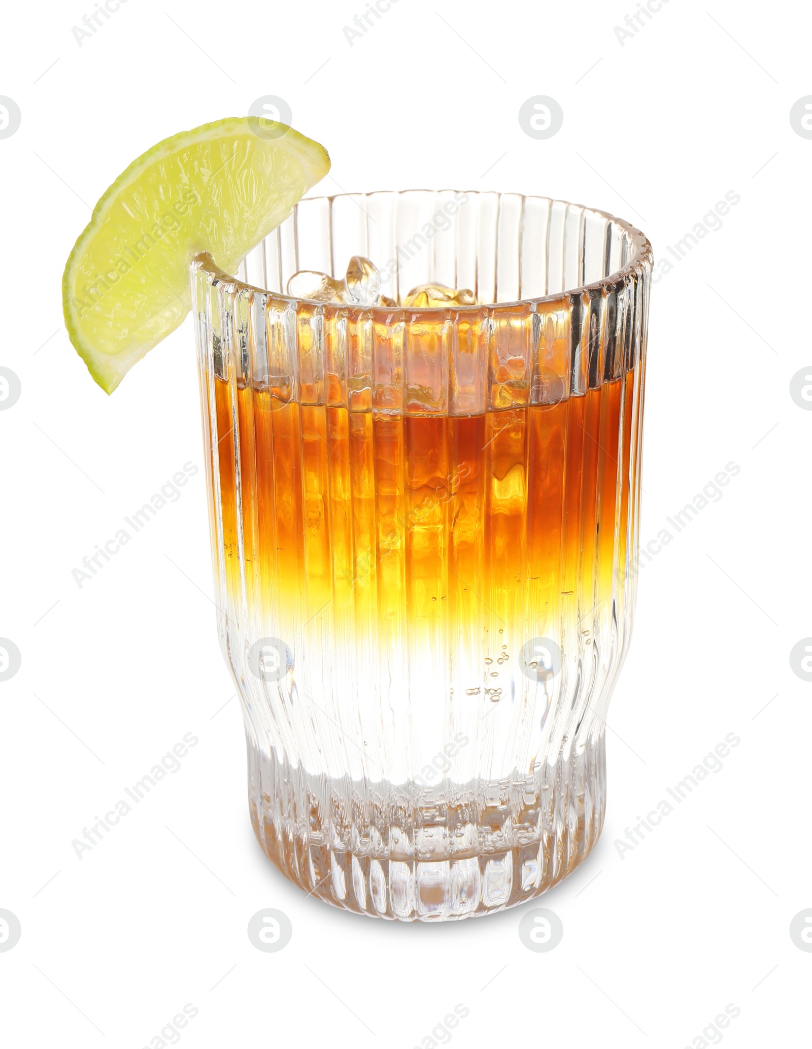 Photo of Refreshing espresso tonic drink with slice of lime isolated on white