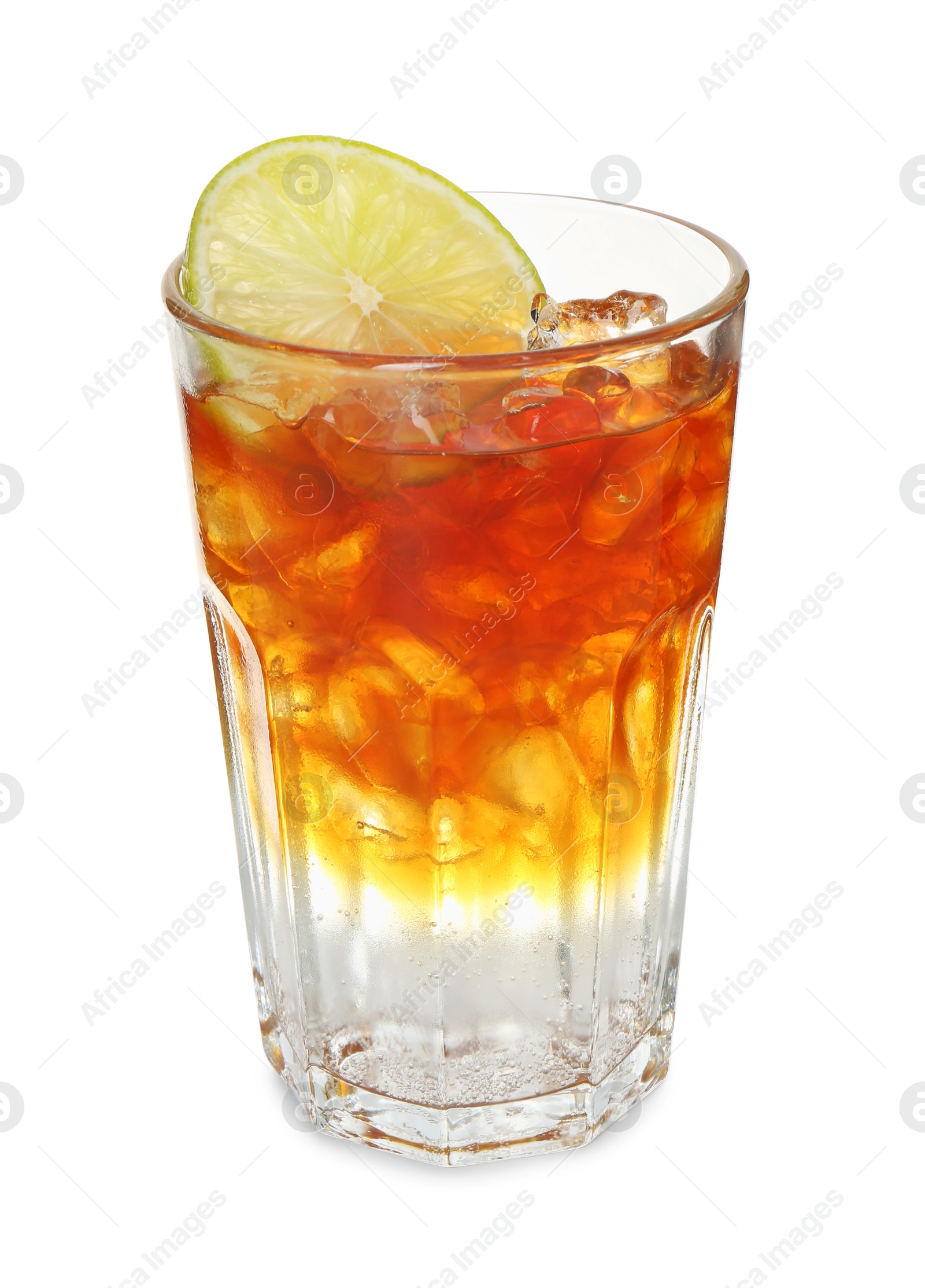 Photo of Refreshing espresso tonic drink with slice of lime isolated on white