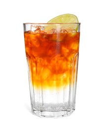 Photo of Refreshing espresso tonic drink with slice of lime isolated on white