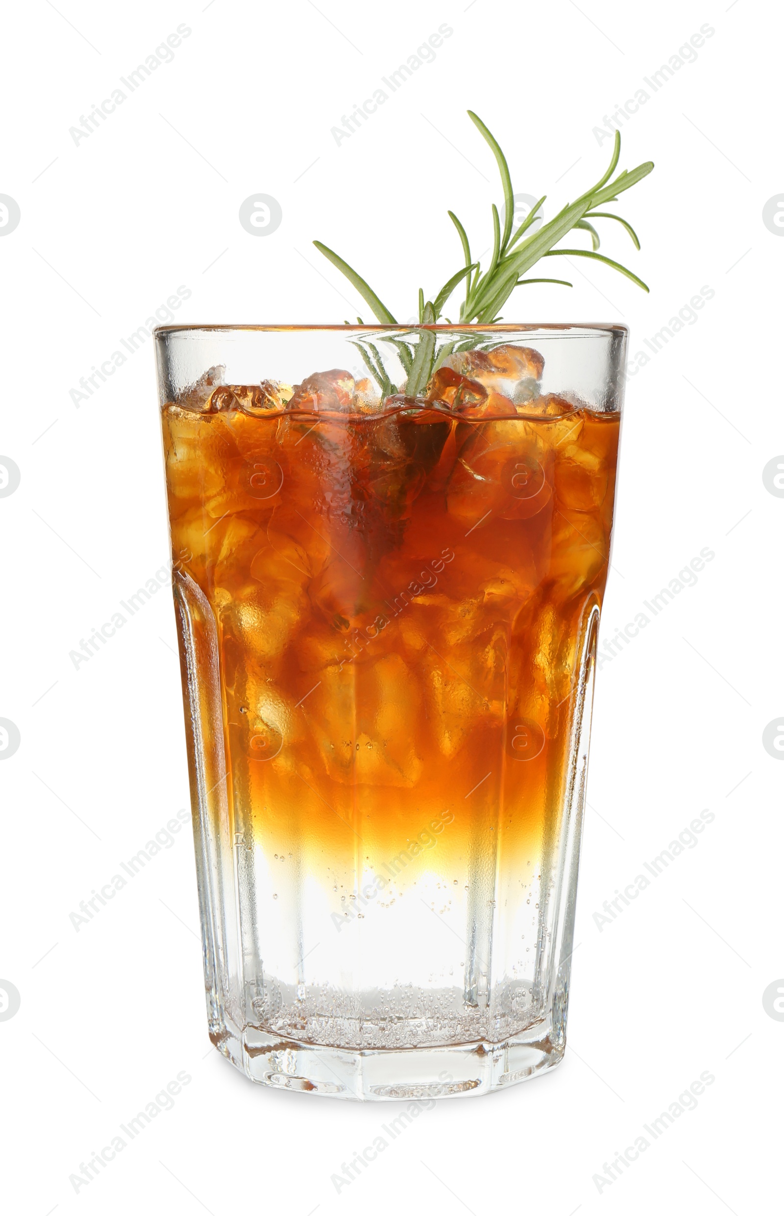 Photo of Refreshing espresso tonic drink with rosemary isolated on white