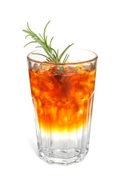 Photo of Refreshing espresso tonic drink with rosemary isolated on white