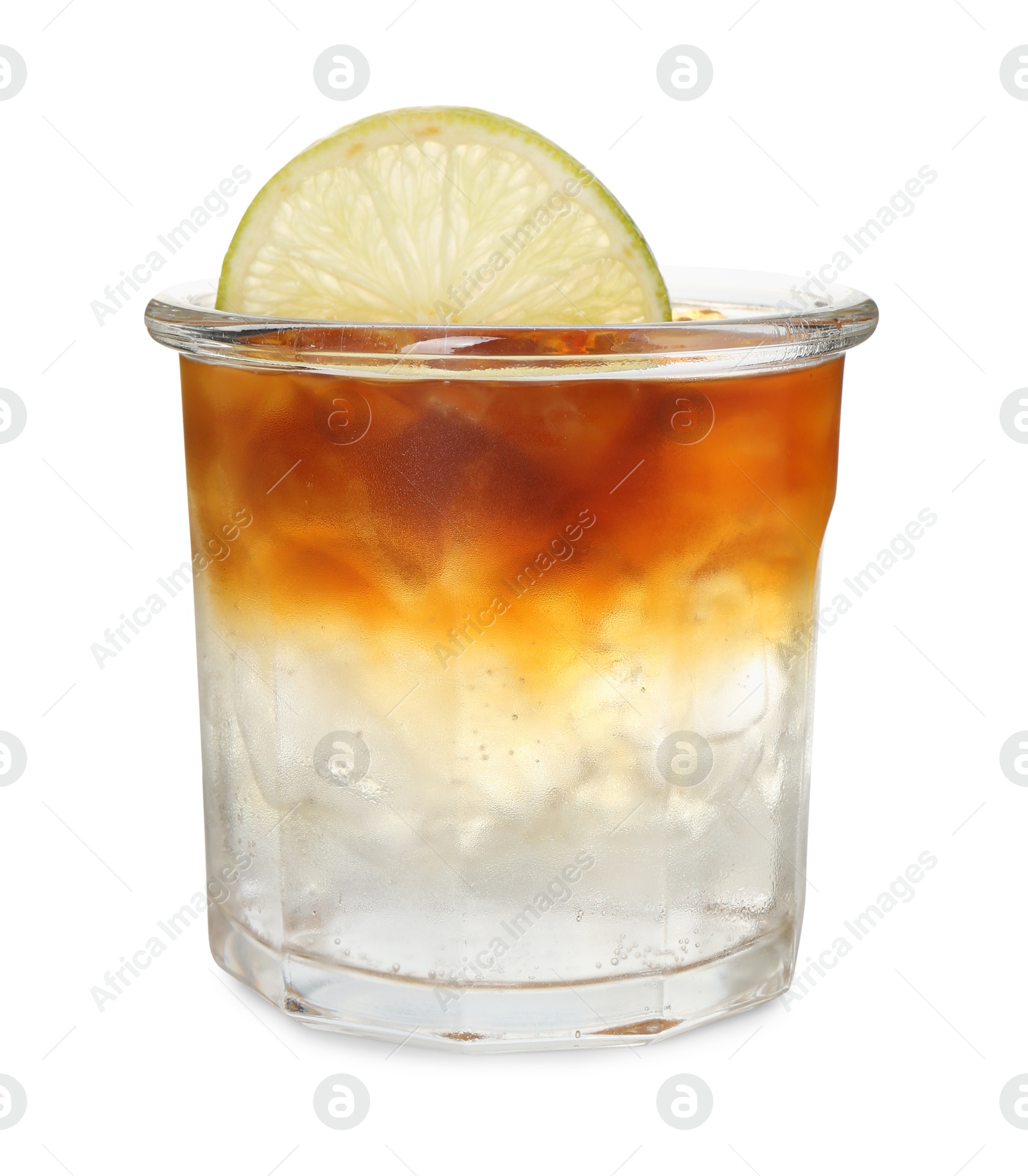 Photo of Refreshing espresso tonic drink with slice of lime isolated on white