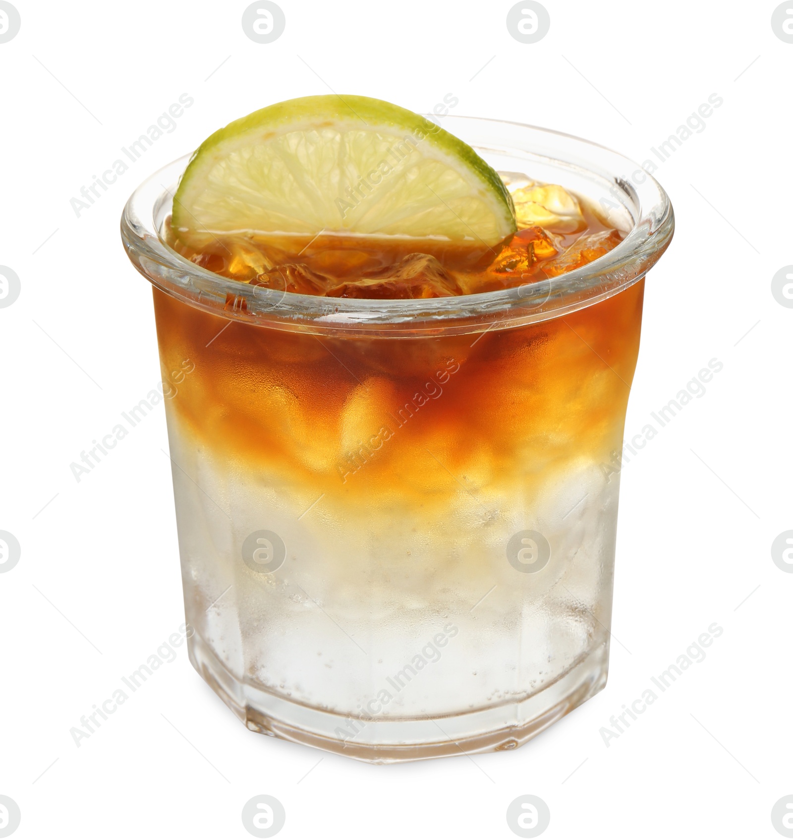 Photo of Refreshing espresso tonic drink with slice of lime isolated on white