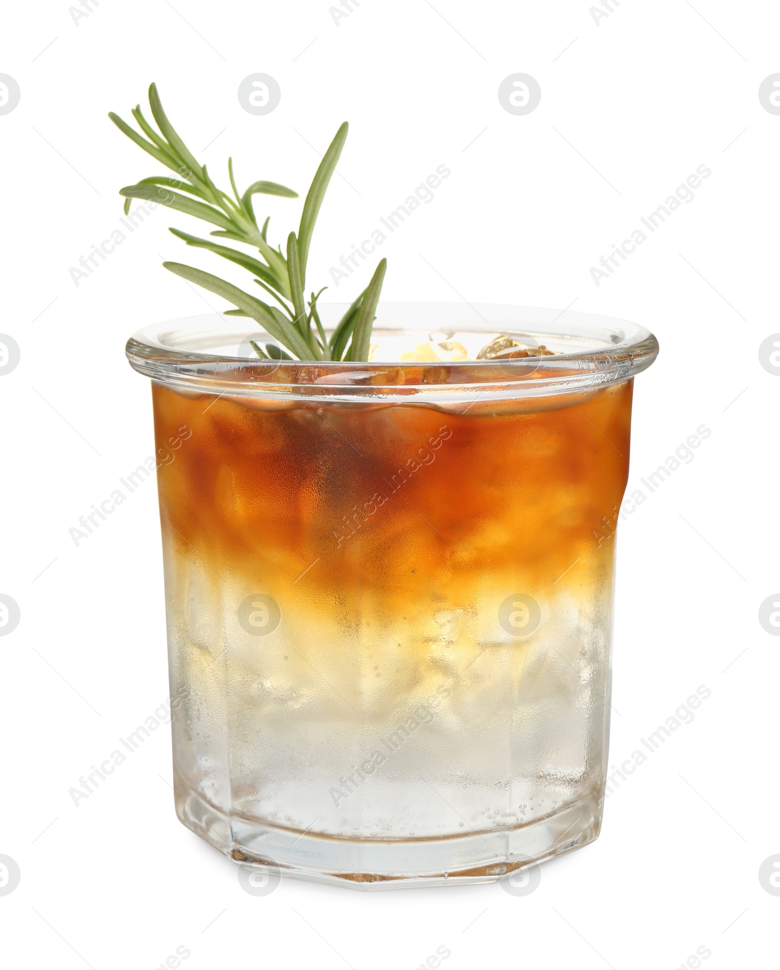 Photo of Refreshing espresso tonic drink with rosemary isolated on white