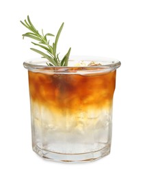 Photo of Refreshing espresso tonic drink with rosemary isolated on white