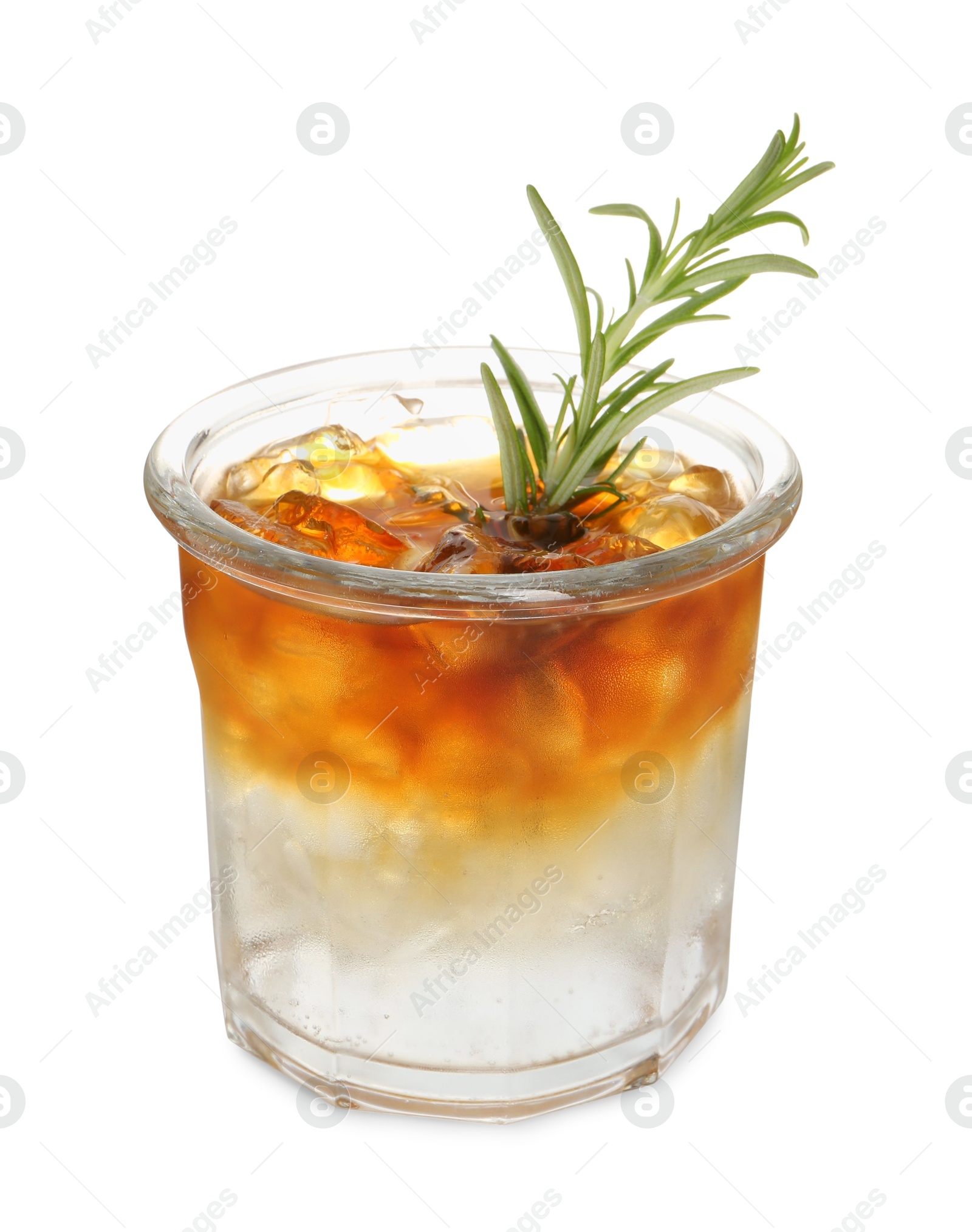 Photo of Refreshing espresso tonic drink with rosemary isolated on white