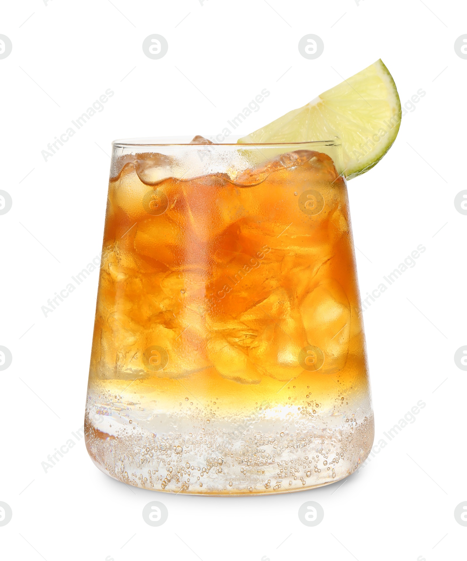 Photo of Refreshing espresso tonic drink with slice of lime isolated on white