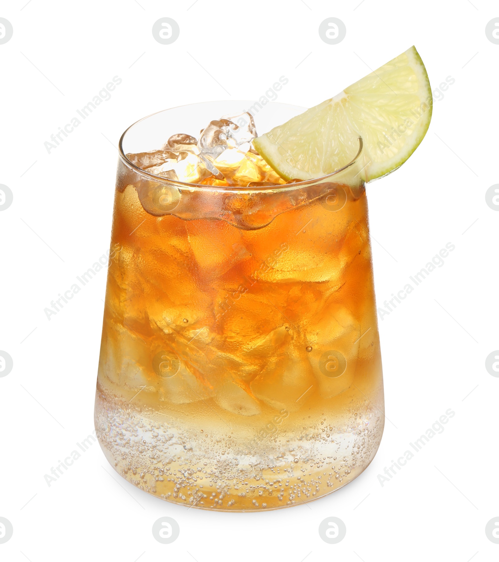 Photo of Refreshing espresso tonic drink with slice of lime isolated on white