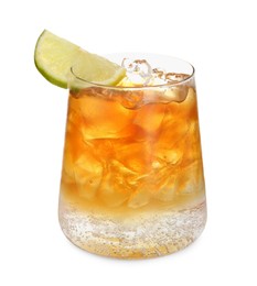 Photo of Refreshing espresso tonic drink with slice of lime isolated on white