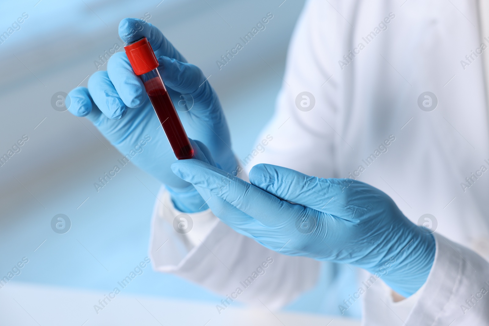 Photo of Laboratory testing. Doctor holding test tube with blood sample indoors, closeup