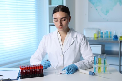 Photo of Laboratory testing. Doctor dripping blood sample into Petri dish at table indoors