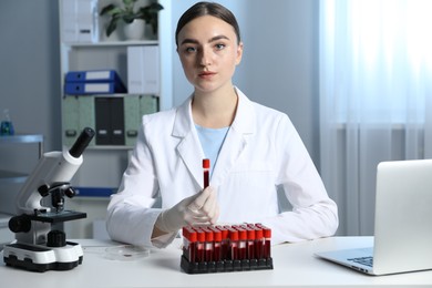 Laboratory testing. Doctor holding test tube with blood sample at table indoors