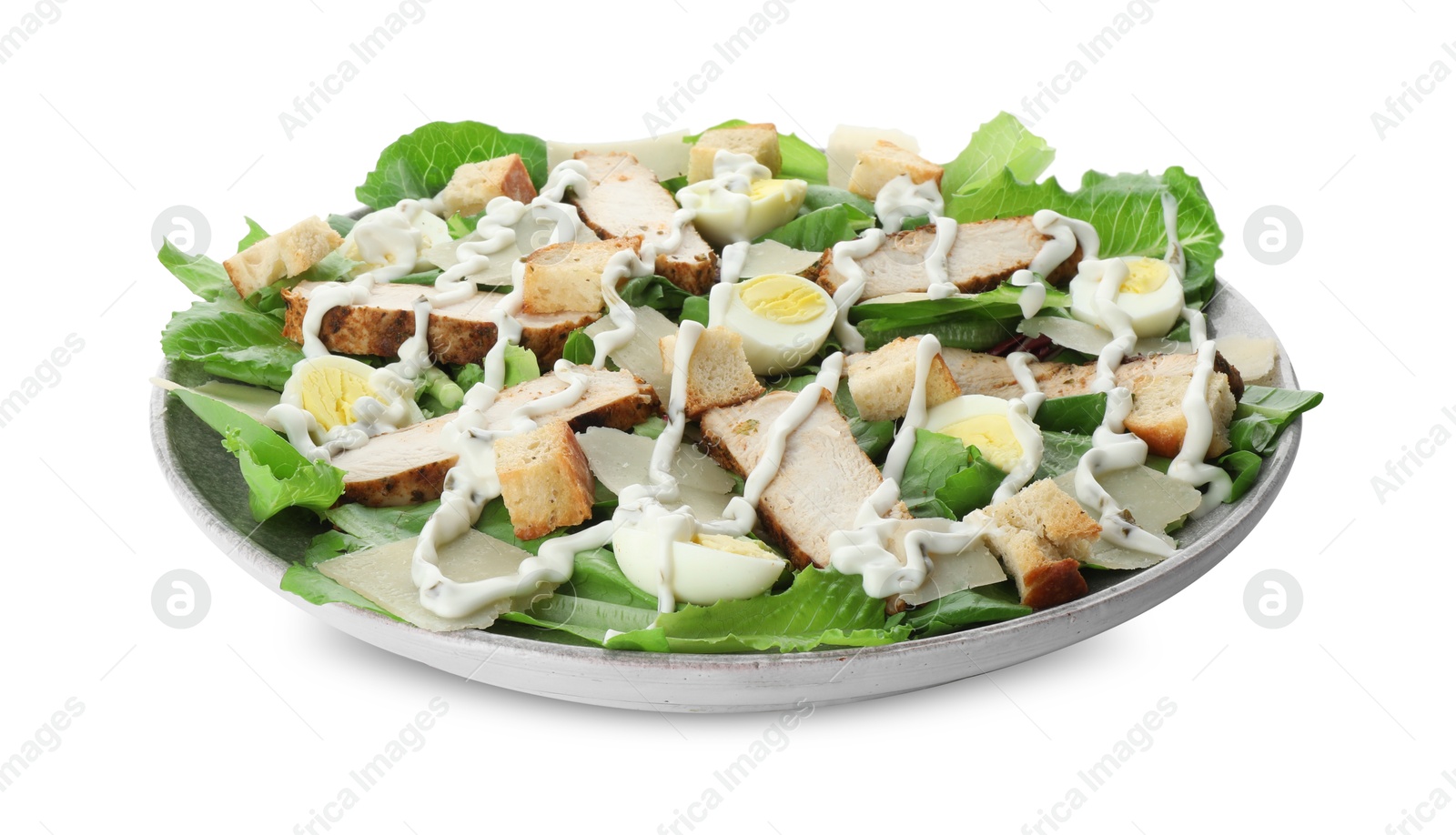 Photo of Delicious Caesar salad with chicken isolated on white