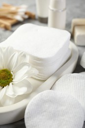 Photo of Clean cotton pads and flower on grey table, closeup