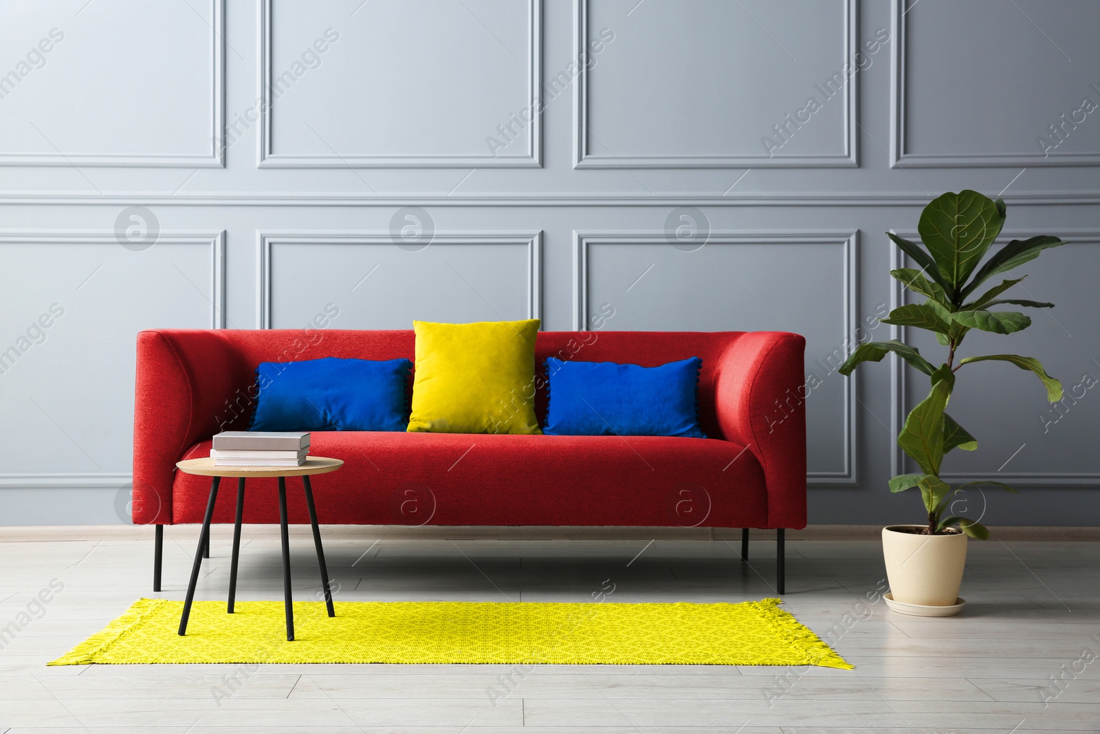 Image of Stylish red sofa with cushions, green plant and table in room