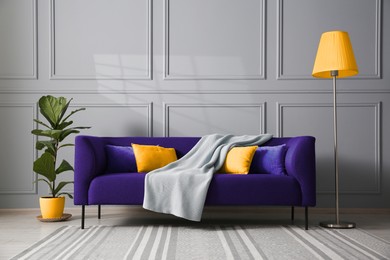 Image of Comfortable indigo color sofa, houseplant and lamp near grey wall in room