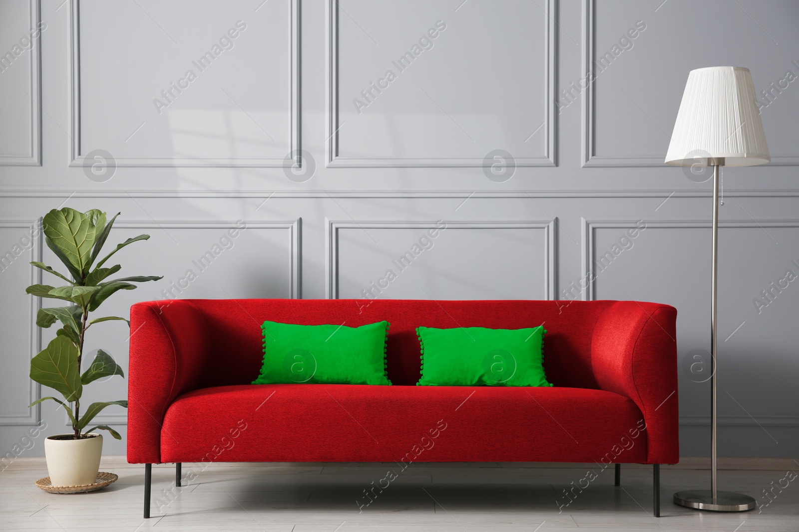 Image of Comfortable red sofa, houseplant and lamp near grey wall in room