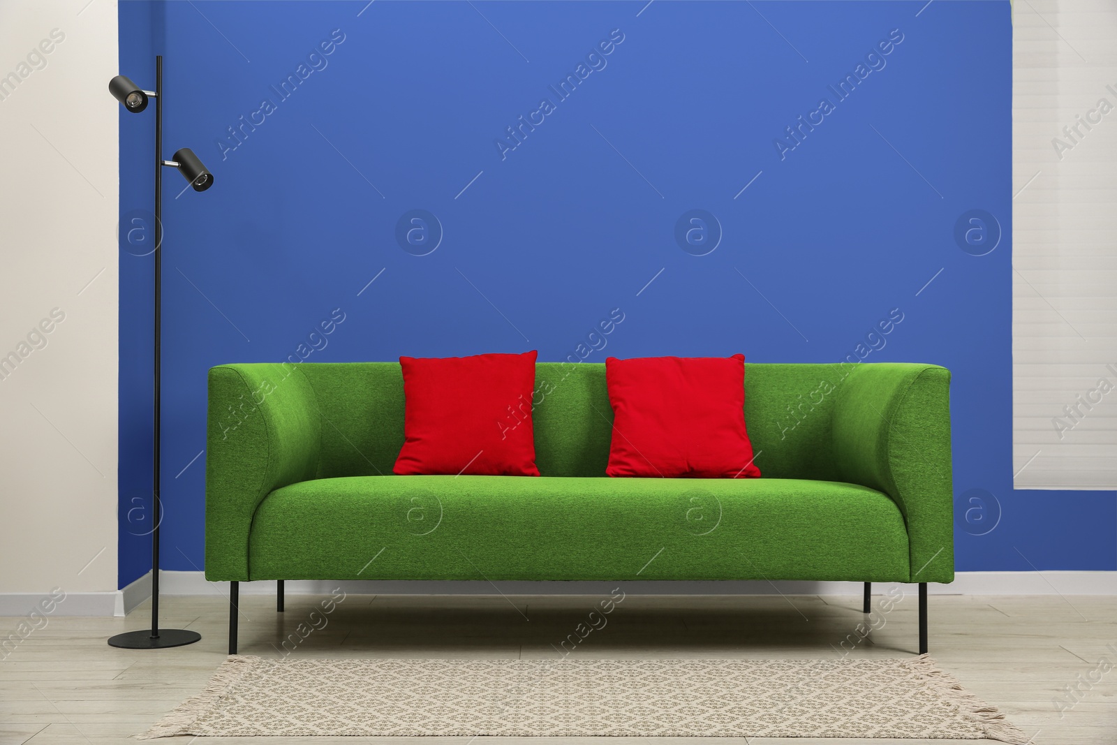 Image of Stylish green sofa with red pillows and lamp near blue wall indoors