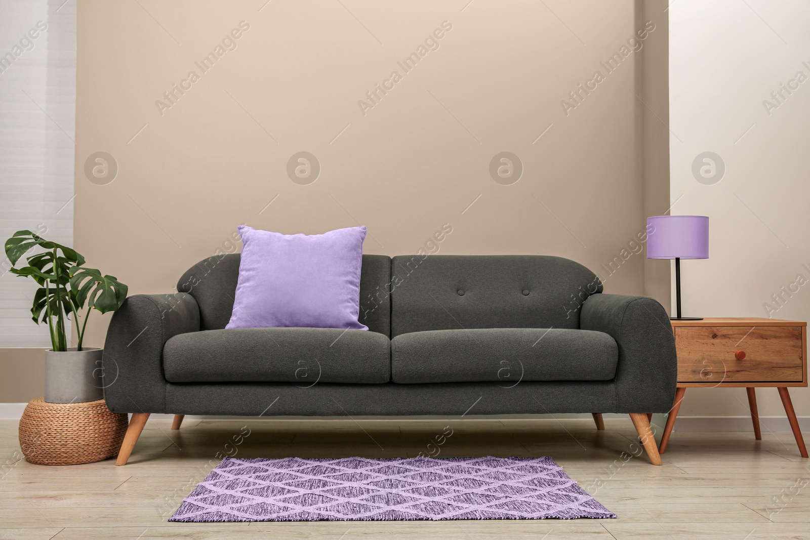 Image of Stylish sofa with pillow, table and houseplant near beige wall indoors