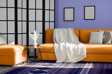 Image of Comfortable orange sofa with plaid and folding screen in living room. Interior design