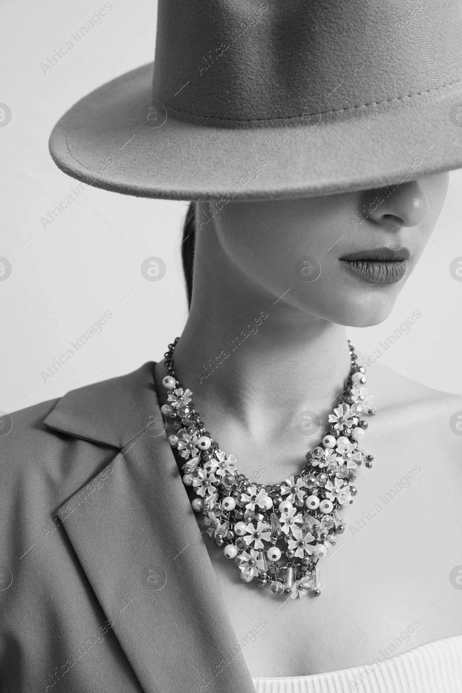 Image of Black-and-white portrait of stylish young woman with luxury necklace