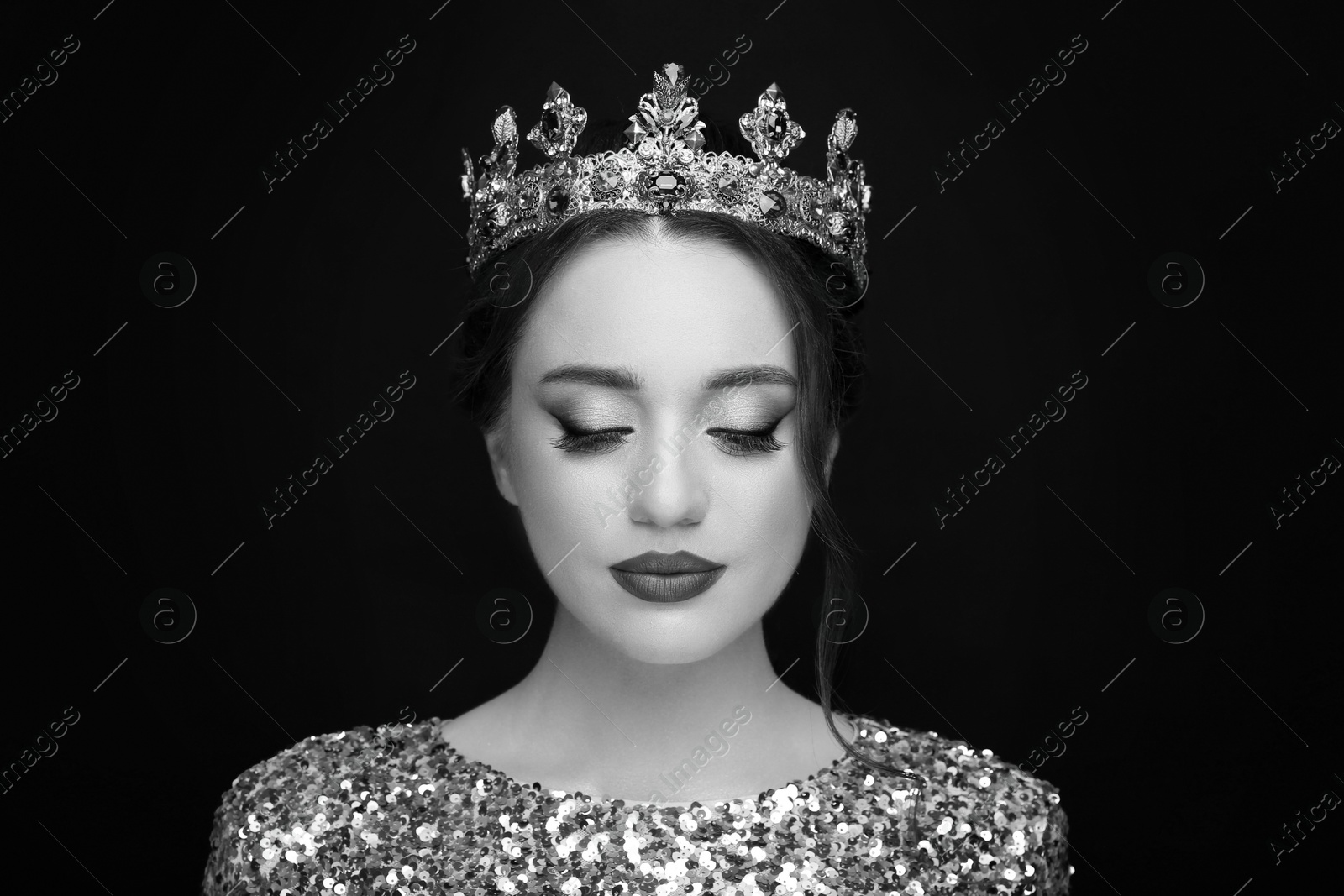 Image of Black-and-white portrait of beautiful young woman with luxury crown