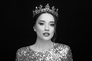 Image of Black-and-white portrait of beautiful young woman with luxury crown