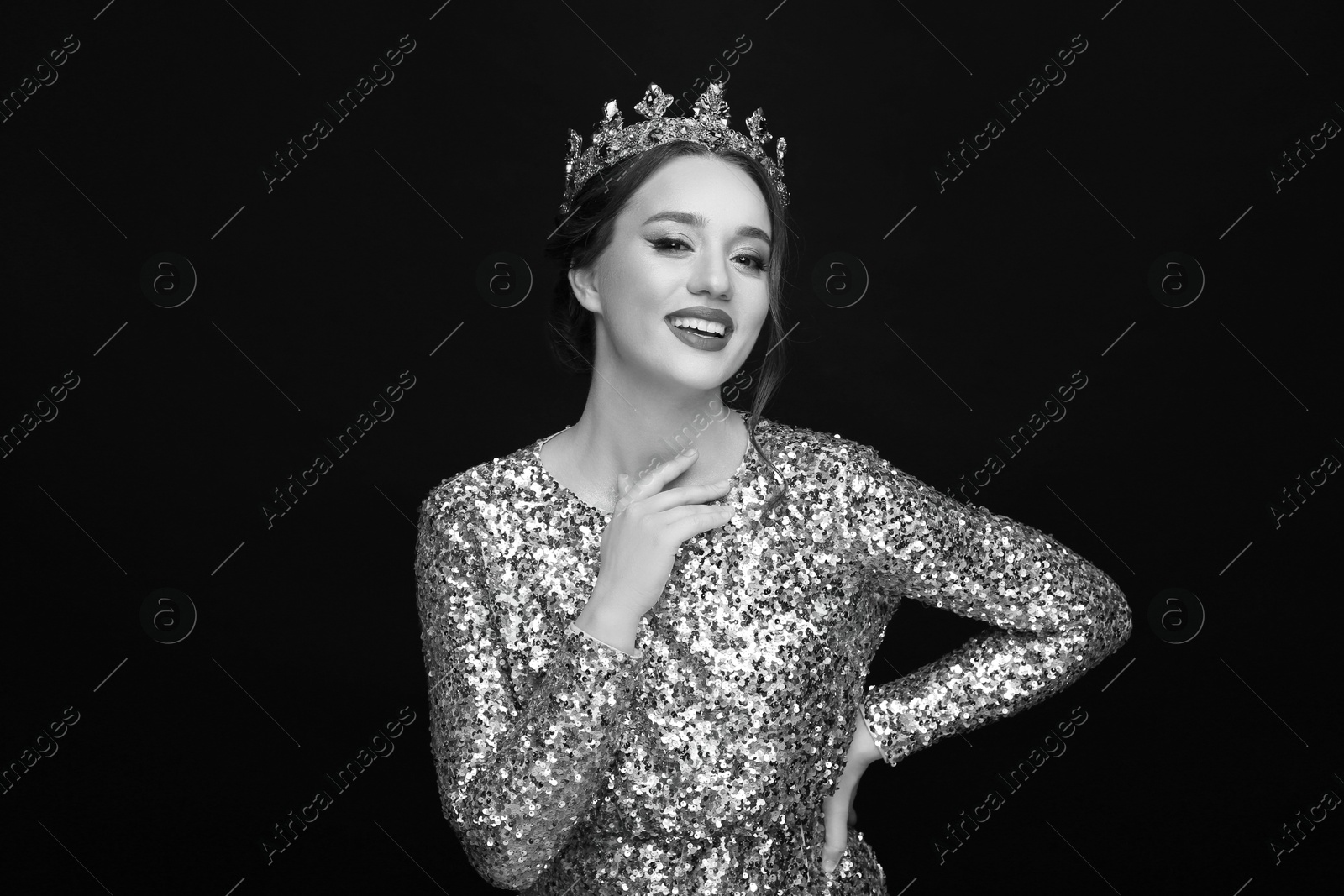 Image of Black-and-white portrait of beautiful young woman with luxury crown