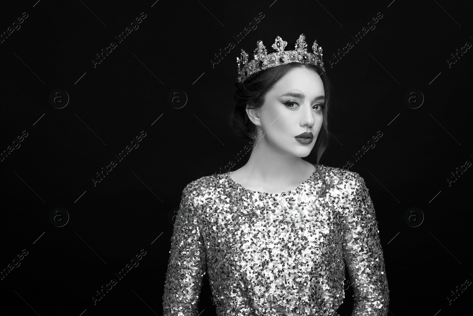 Image of Black-and-white portrait of beautiful young woman with luxury crown