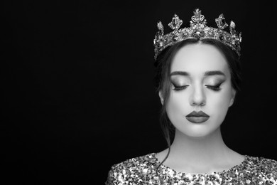 Image of Black-and-white portrait of beautiful young woman with luxury crown