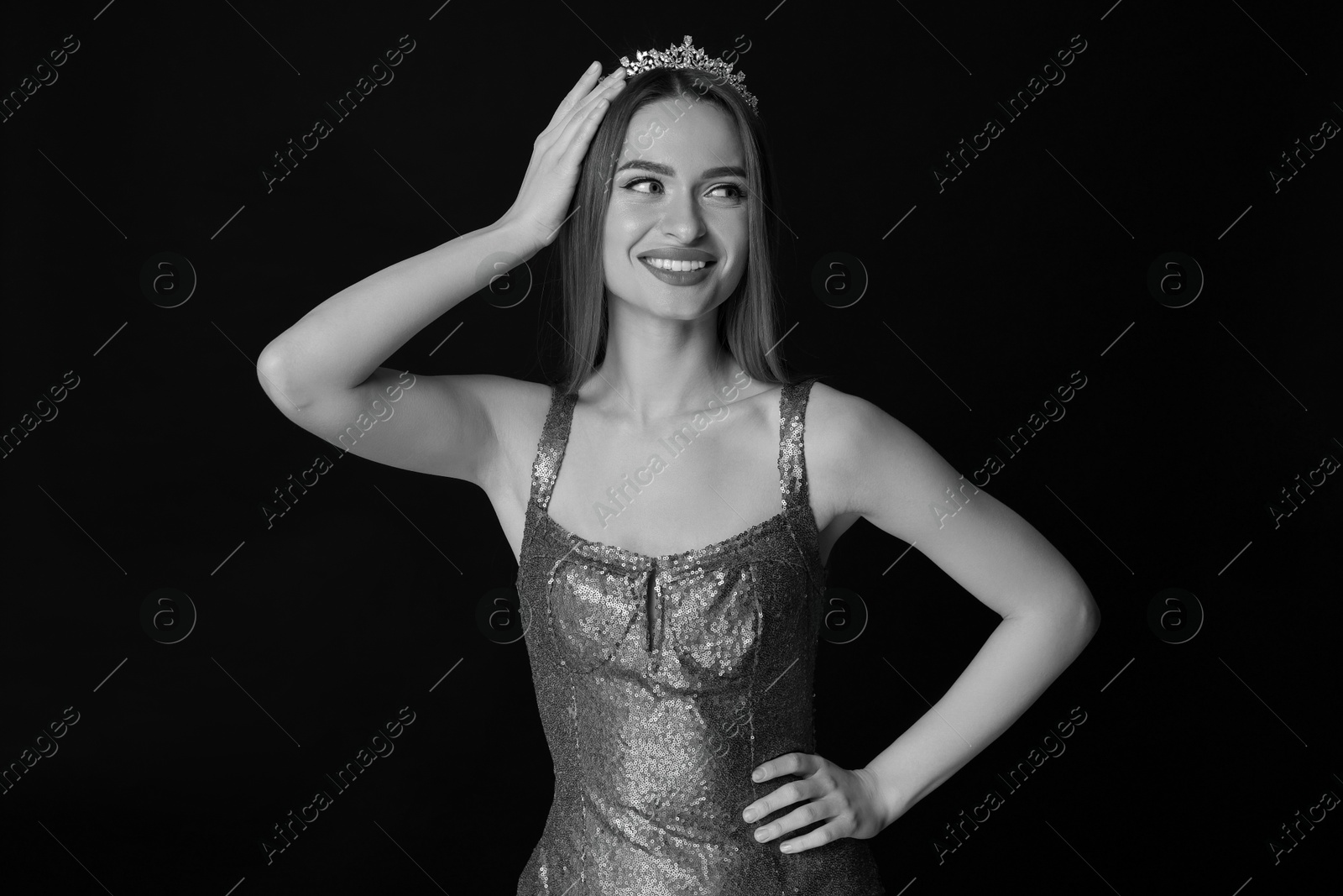 Image of Black-and-white portrait of beautiful young woman with luxury tiara