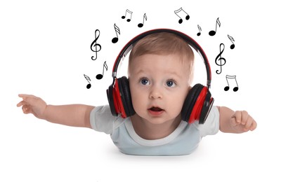 Cute little baby with headphones on white background. Music notes flying near child