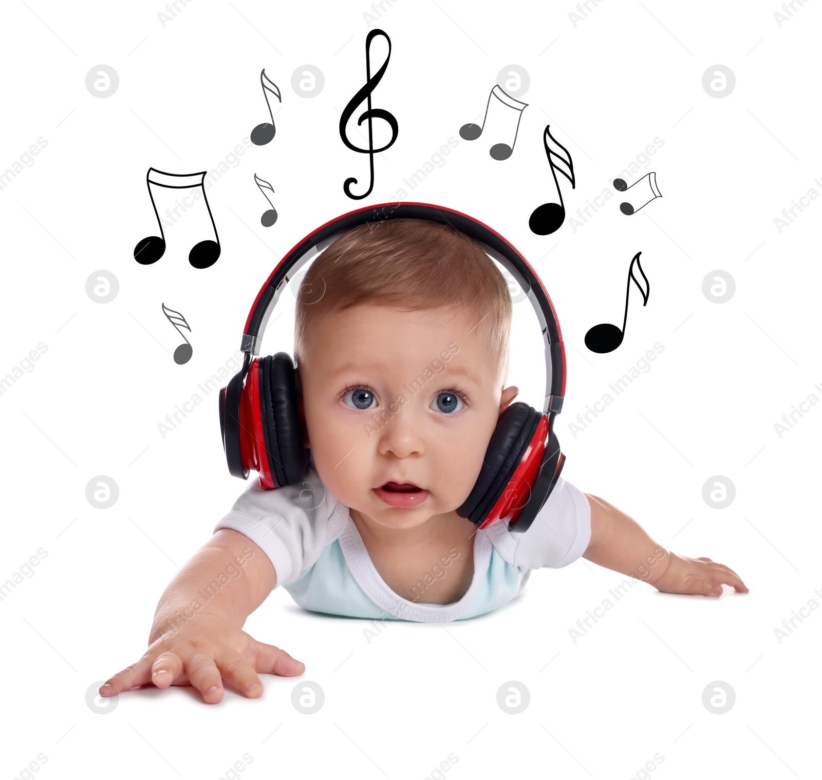 Image of Cute little baby with headphones on white background. Music notes flying near child