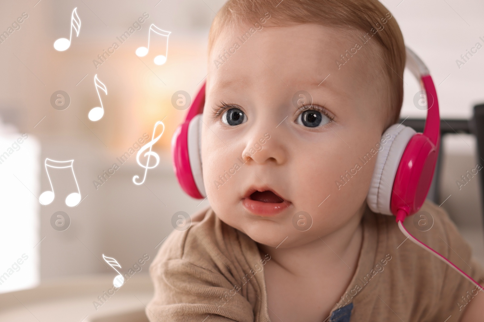 Image of Cute little baby with headphones at home. Music notes flying near child