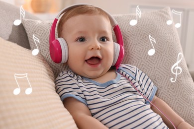 Cute little baby with headphones on sofa at home. Music notes flying near child