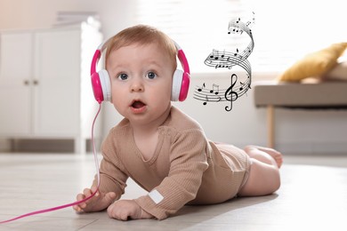 Image of Cute little baby with headphones on floor at home. Music notes flying near child