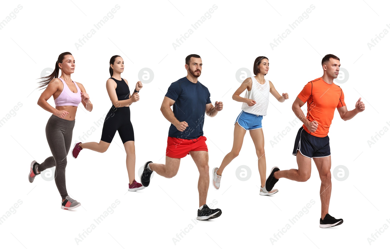 Image of People in sportswear running on white background