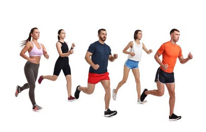 People in sportswear running on white background