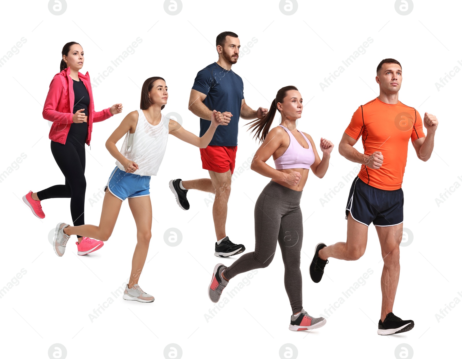 Image of People in sportswear running on white background