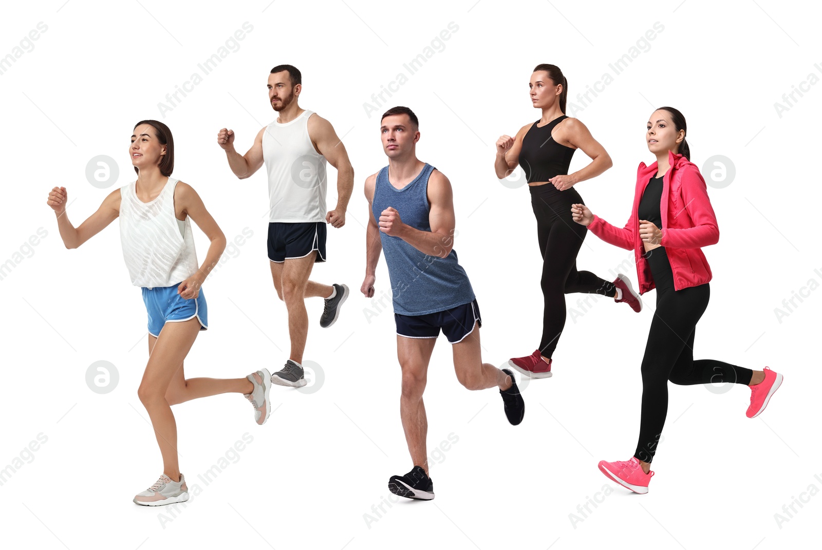 Image of People in sportswear running on white background