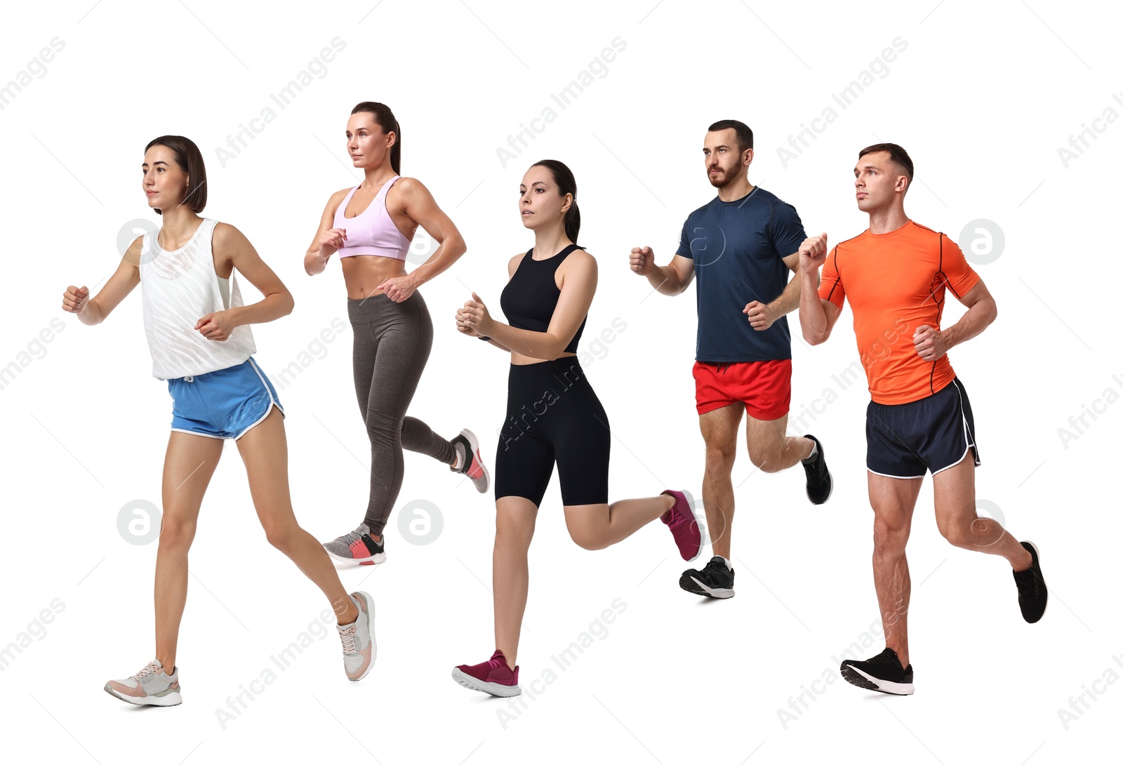 Image of People in sportswear running on white background