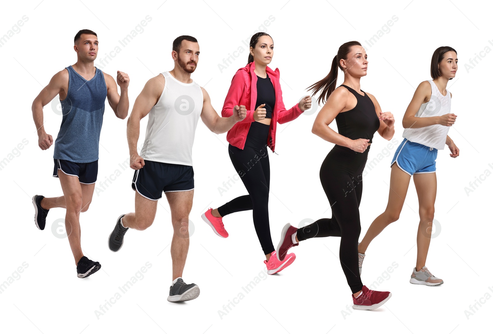 Image of People in sportswear running on white background