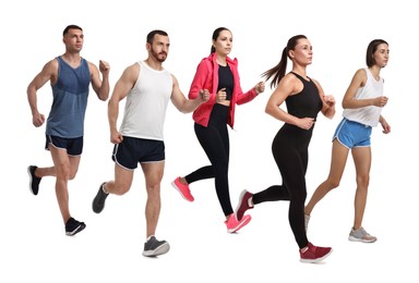 People in sportswear running on white background